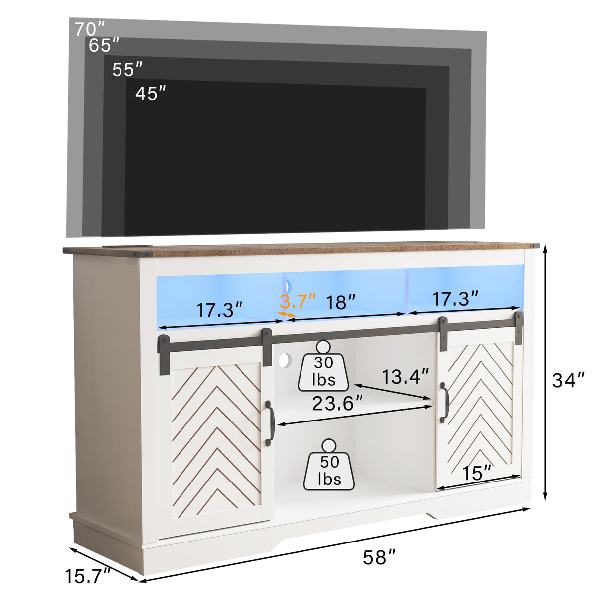 amzzar 58” Wooden Farmhouse TV Stand for 65 inch TV, Rustic Tall Entertainment Center with Power Outlets and Sliding Barn Door, TV Console Cabinet with Storage for Living Room, White, Large amzzar