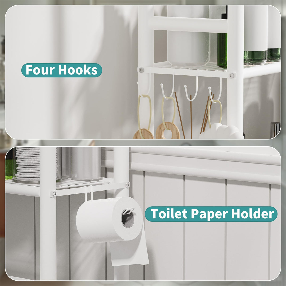 AriseWork 3-Tier Over The Toilet Storage with Paper Holder, Metal Bathroom Organizers and Storage for Small Space, Freestanding Bathroom Shelves with 4 Hooks, Above The Toilet Storage Shelf, White AriseWork
