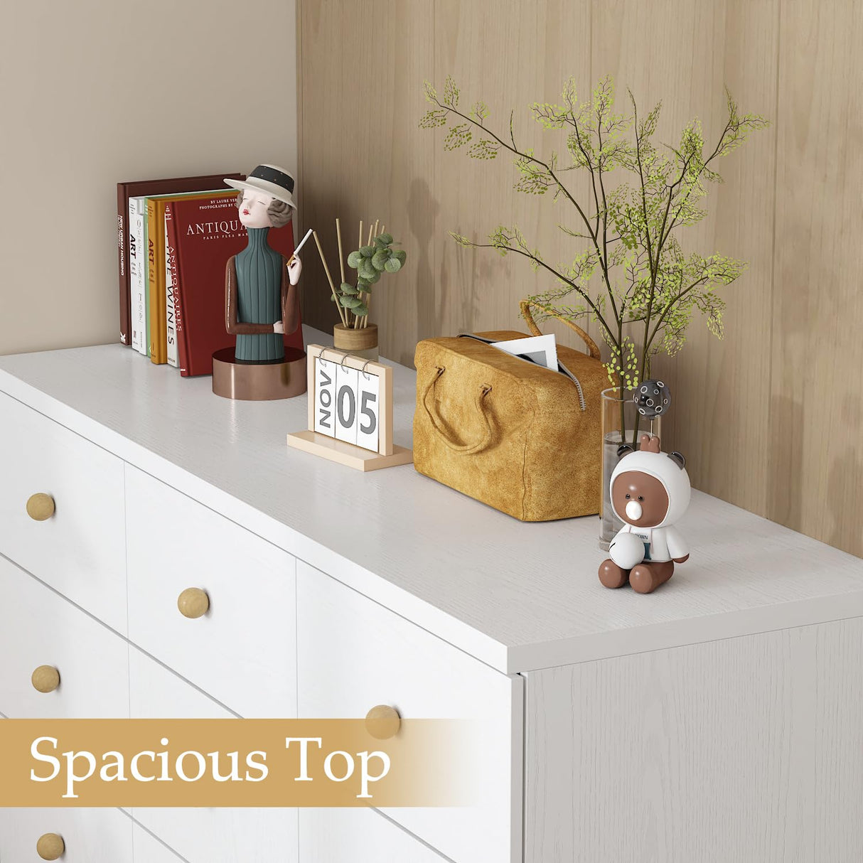 WOODTIME White 9 Drawer Dresser for Bedroom, 47.2“L Wooden Double Dresser, Modern Chest of Drawers Storage Organizer Dresser for Entryway Hallway WOODTIME