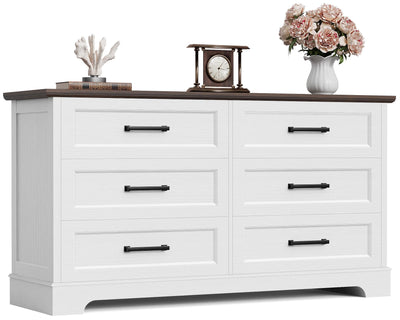 Furmax Farmhouse Dresser for Bedroom, 6 Drawers Dresser, Wood Chest of Drawers, 52" Wide Storage Dressers Organizer for Bedroom, Living Room, White and Brown