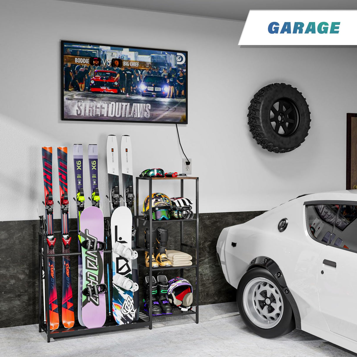 Freestanding Snowboard Rack - 4 Pair Ski, 3 Pack Snowboard, Boot, Pole, Goggles, Helmet Rack for Garage, Shed, Basement Lurgno