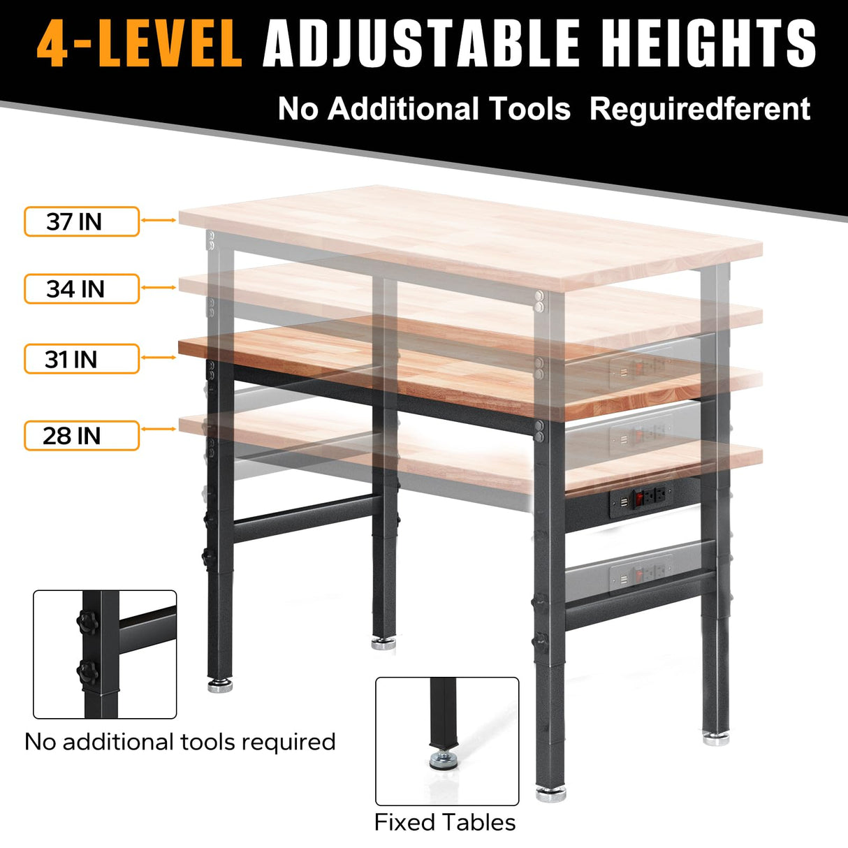 47.5" Adjustable Workbench, Rubber Wood Top Workbench with Power Outlet, Portable Heavy-Duty Work Bench for Garage, Workshop, Office, Home - 2000 lbs Capacity BMJX US