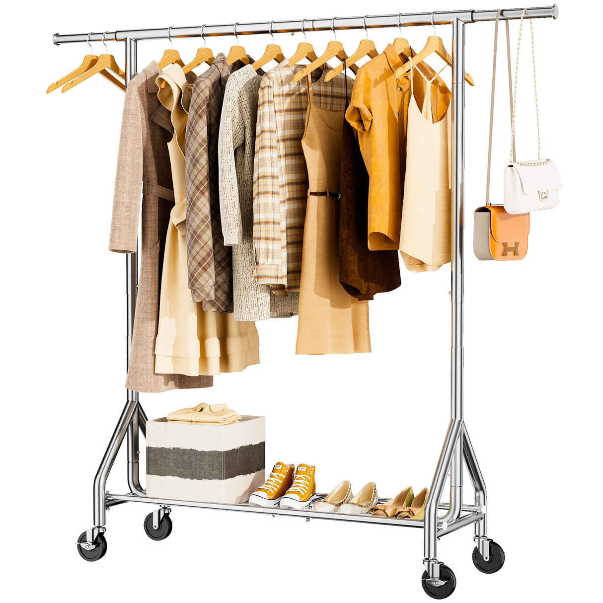 HYSEYY Heavy Duty Clothes Rack Load 450 LBS, Metal Garment Rack, Standing Rolling Clothing Rack for Hanging Clothes with Sturdy Wheels & Shelves, Portable Closet Wardrobe Rack,Sliver HYSEYY
