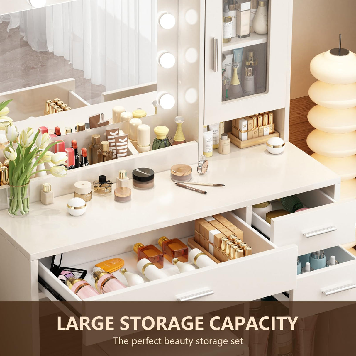 ENDYOE Makeup Vanity Desk Set with LED Lights Mirror Chair, Vanity Table with 7 Storage Shelves and 3 Drawers,3 Lighting Modes Adjustable Brightness Dressing Table for Bedroom,White ENDYOE