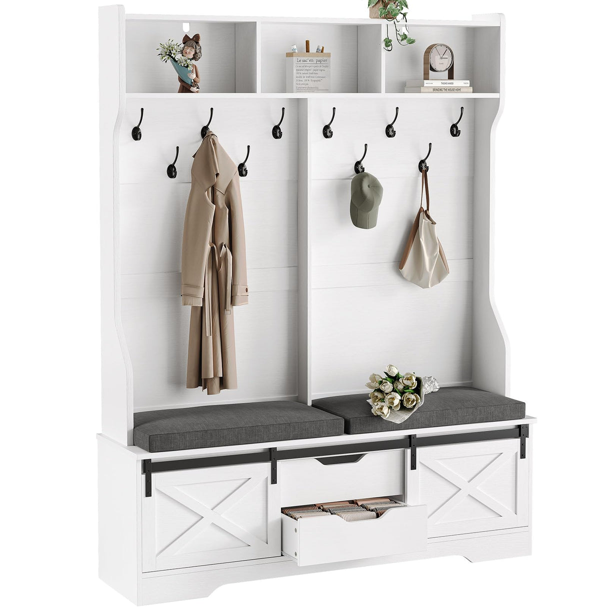UPOSOJA Hall Tree with Bench and Shoe Storage, Entryway Bench with Coat Rack, Modern Farm House Barn Door 3-in-1 Hall Tree with Storage Cushioned Bench Stool and Hooks for Hallway, Living Room (60IN) UPOSOJA