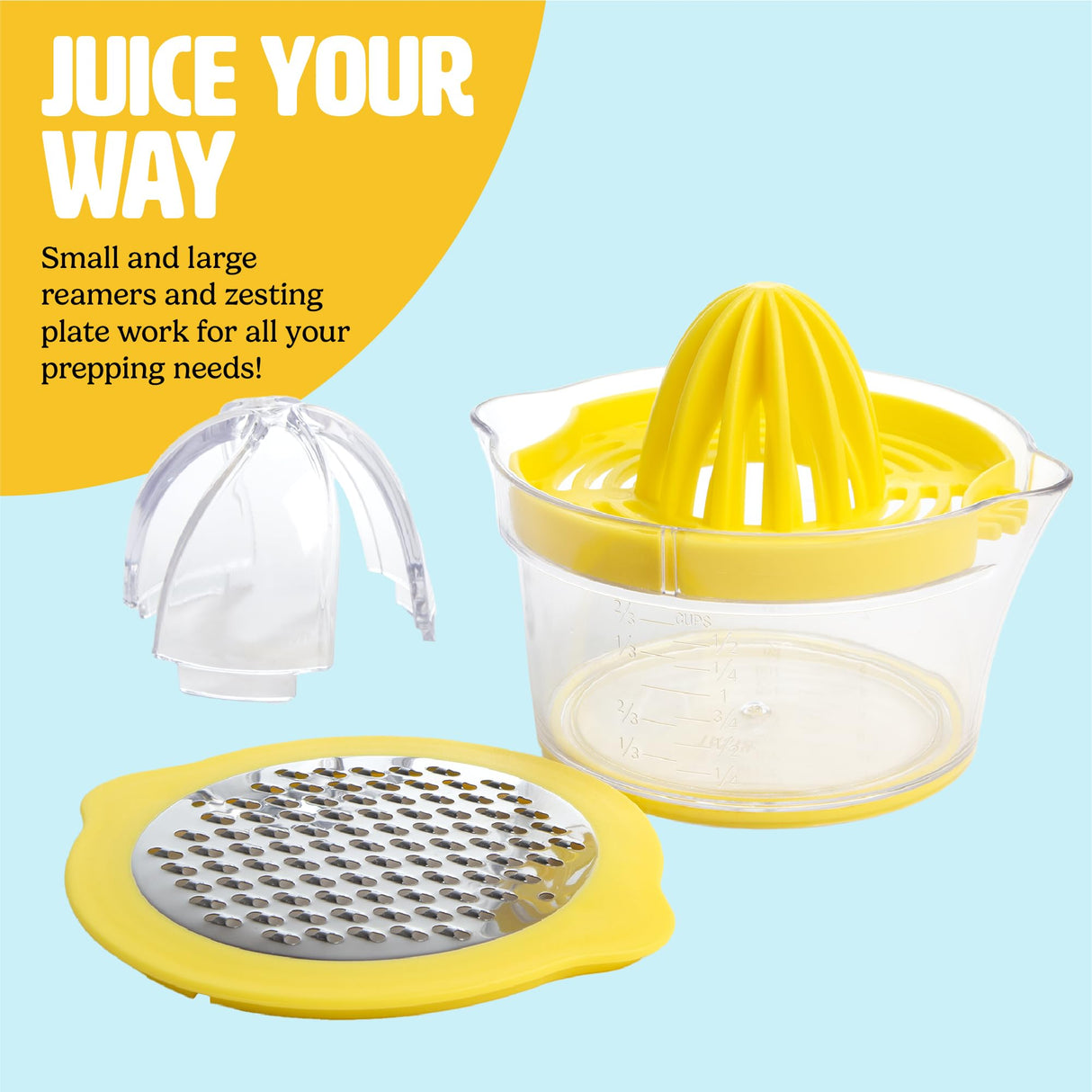 Tasty 4-in-1 Citrus Juicer and Zester, Multifunctional Kitchen Gadget, Dishwasher Safe, 16-Ounce Capacity, 2-Cup, Yellow Tasty