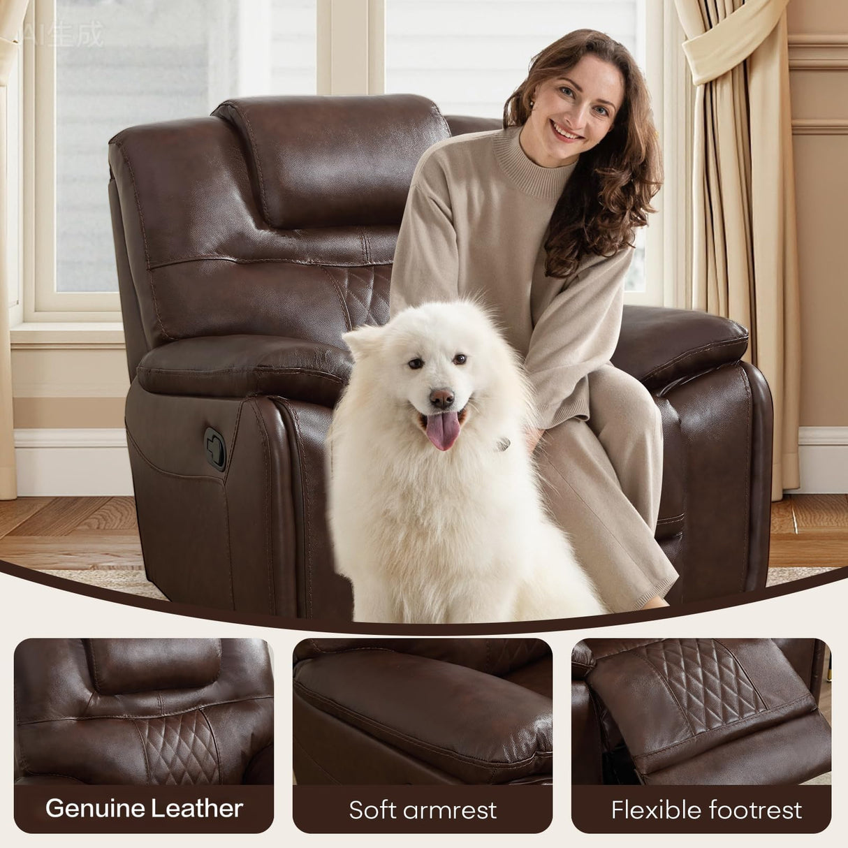 ANJ Genuine Leather Recliner Chair, Manual Reclining Chair with Ergonomic Design, Oversized Single Sofa Recliner with Soft Armrest and Flexible Footrest for Living Room,Red Brown ANJ