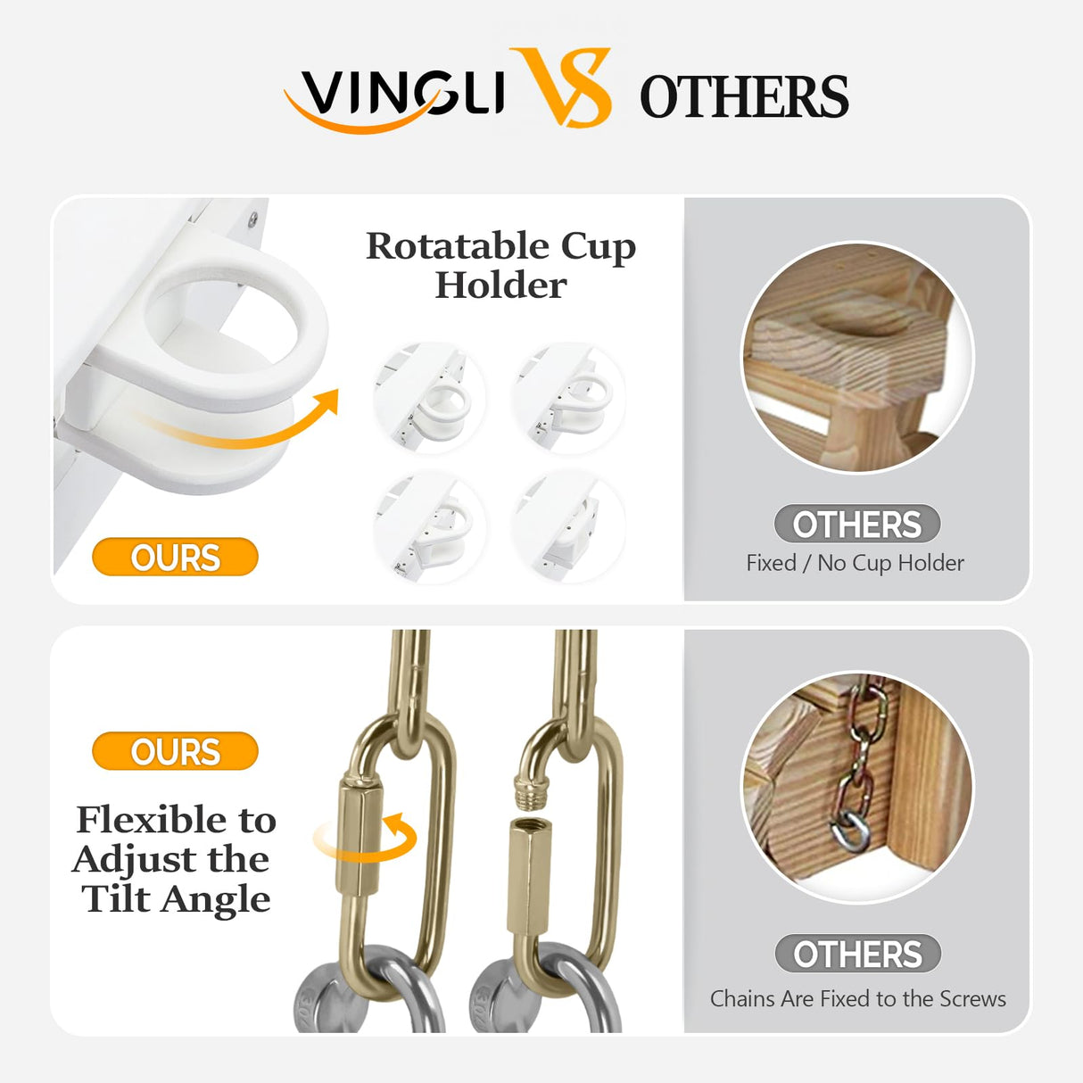 VINGLI Heavy Duty 1600 LBS HDPE Porch Swing Outdoor with Rotatable Cup Holder, 4 FT Patio Bench Swing with Adjustable Chains, 2 Person Hanging Porch Swing Chair for Porch, Yard, Tree, Garden - White VINGLI