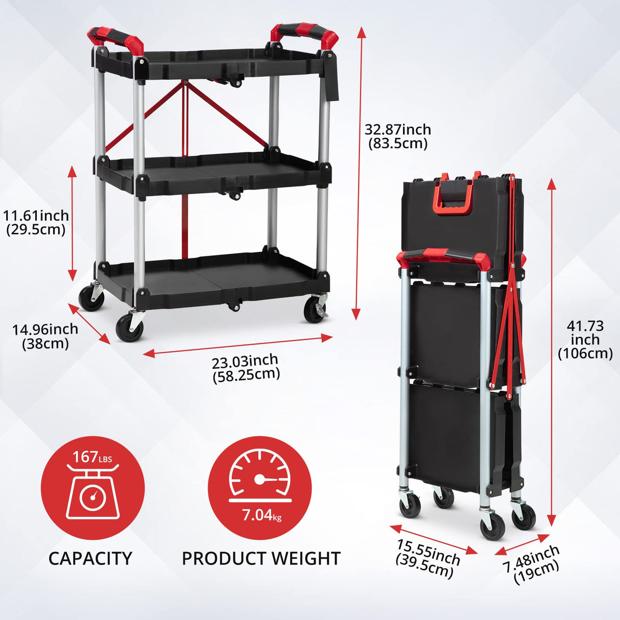 Sunvasagoo Portable Folding Service Cart - Versatile 3-Tier Collapsible Design, Heavy-Duty 56 lbs Load Capacity/Shelf, Lockable Wheels for Stability, Ideal for Garage, Workshop & Industrial Use Sunvasagoo