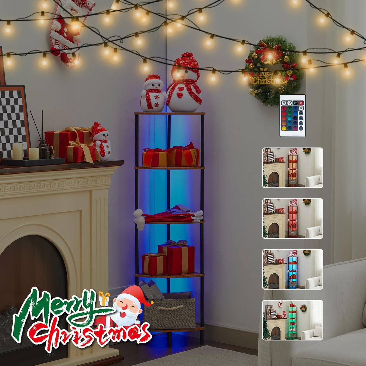 Ymesiyou 5-Tier Corner Bookshelf with LED Light, Corner Bookshelf for Tight Spaces, Narrow Display with Storage Rack, for Living Room, Bedroom, Metal Display Shelf Ymesiyou