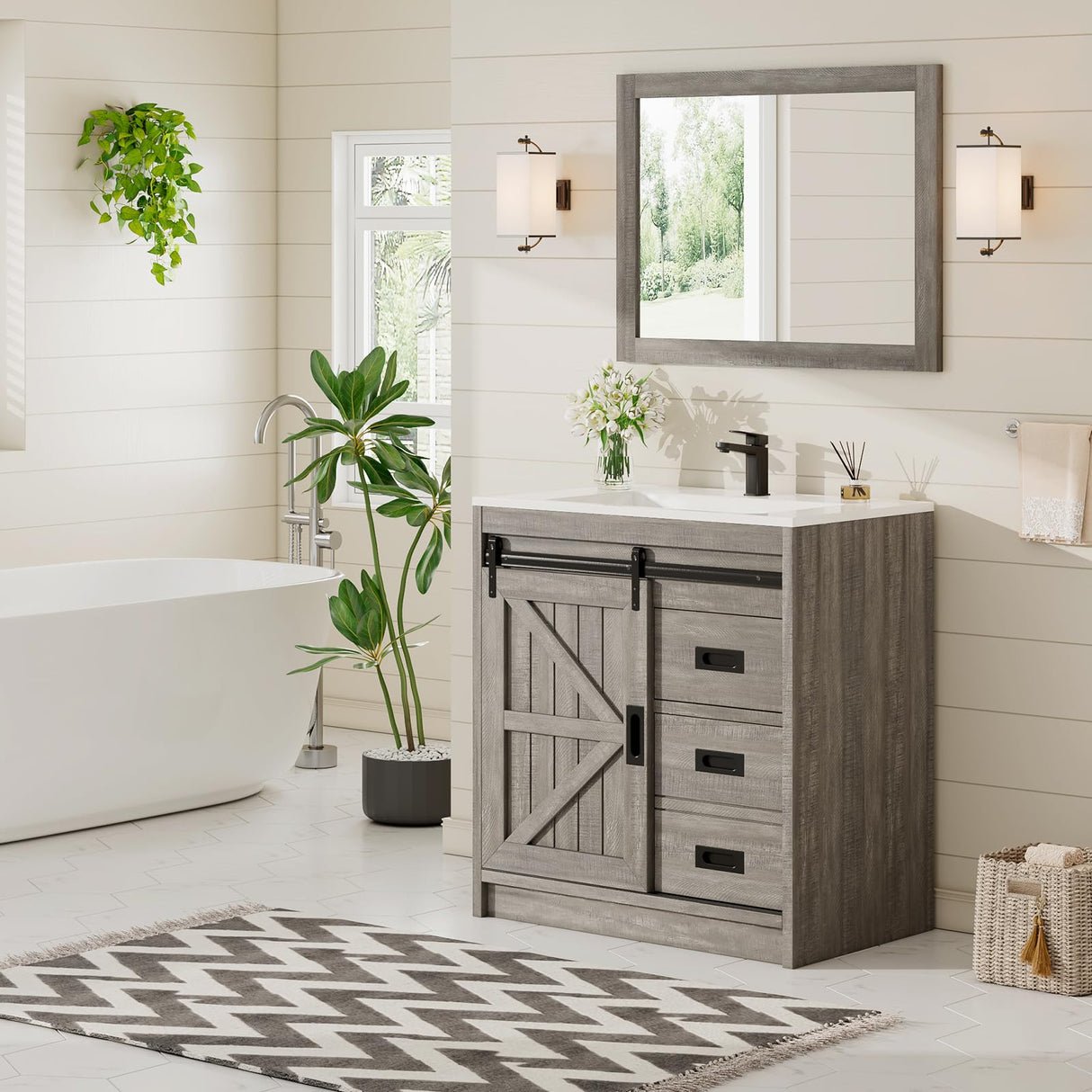 AMERLIFE Farmhouse Bathroom Vanity with Sink Combo, 31in Sliding Barn Door Bathroom Vanity Cabinet Set with Storage Drawers, Metal Handles, Small Single Bath Storage Vanity Sink, Light Grey AMERLIFE