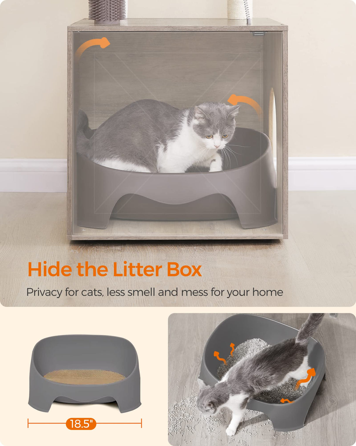 Feandrea Cat Tree with Litter Box Enclosure, 2-in-1 Modern Cat Tower, 52.8-Inch Cat Condo with Self Groomer, Scratching Posts, Washable Cushions, Greige UPCT115G01 Feandrea