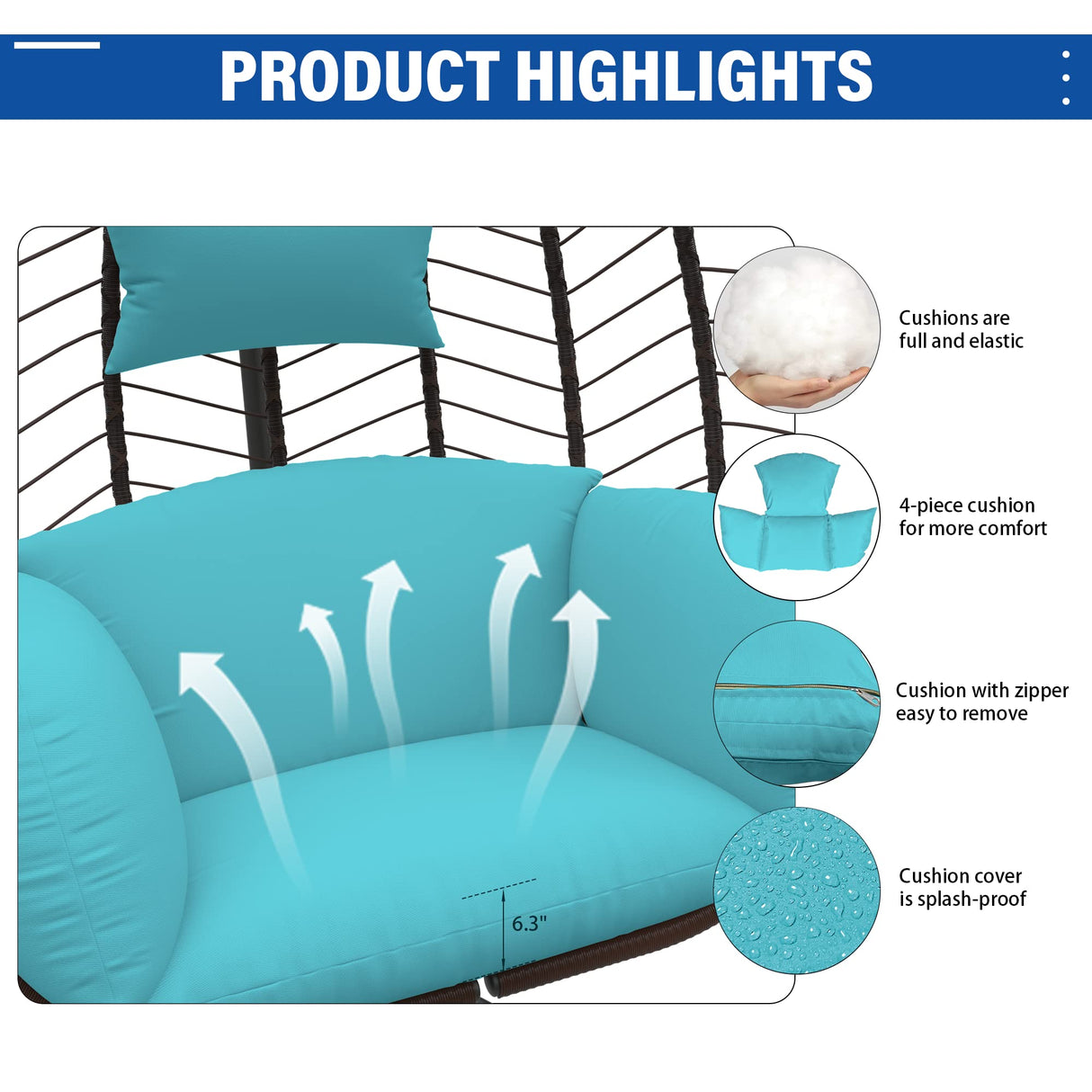 ALAULM Egg Swing Chair Outdoor Indoor Wicker Rattan Hanging Chair with Stand 350lbs Capacity w/Strong Frame & Blue Cushions for Patio Balcony Bedroom ALAULM