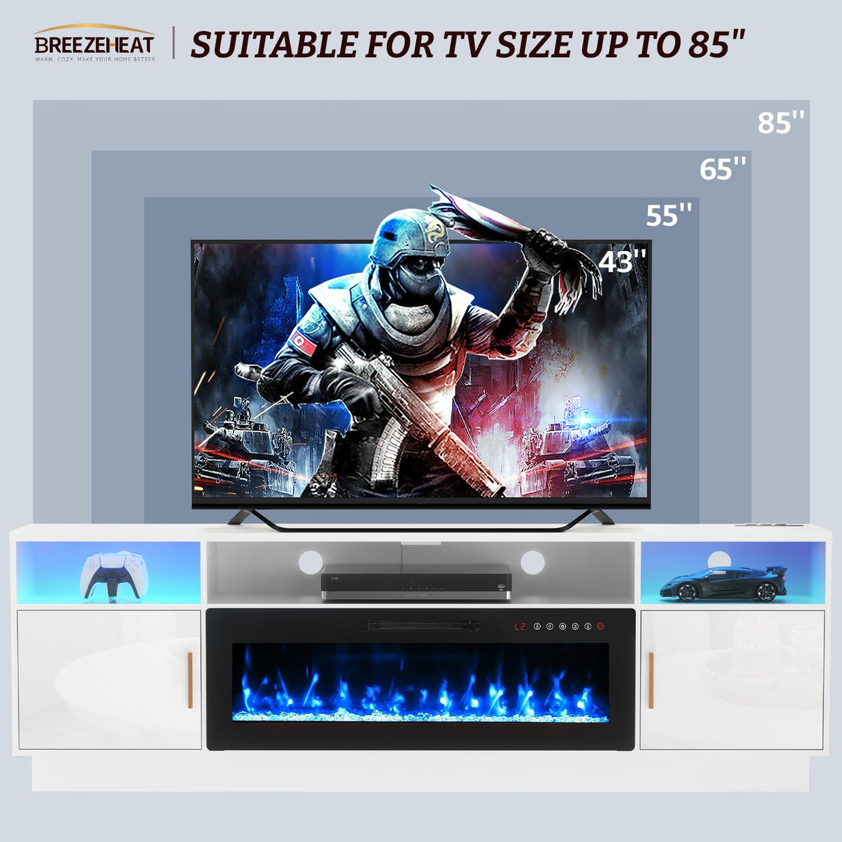 BREEZEHEAT Electric Fireplace TV Stand-Led Entertainment Center-80 inch TV Stand with 42" Electric Fireplace-Living Room Tv Cabinet with Storage for TVs Up to 85",Modern Media Console (White) BREEZEHEAT