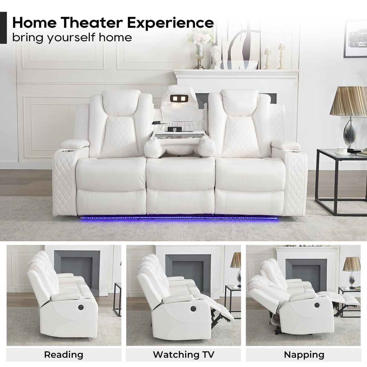 Power Reclining Sofa Couch with Wireless Charger, 3 Seaters with Recliner with Reading Light, Leather Electric 3 Seat Sofa Sectional Set for Living Room, Home Theater Seating with LED Lights, White Comfort Stretch