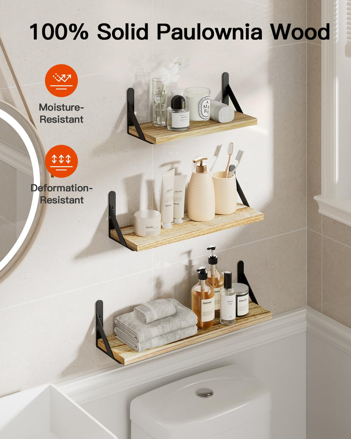 AMADA HOMEFURNISHING Wall Shelves Set of 6, Wood Floating Shelves for Wall Decor, Rustic Farmhouse Wall Shelves for Bedroom, Bathroom Shelves for Wall Storage, Book Shelves for Living Room, Wooden AMADA HOMEFURNISHING