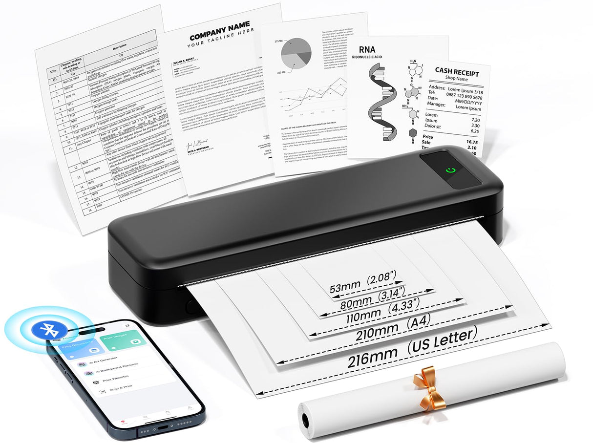Portable Printers Wireless for Travel, Inkless Thermal Printer, Bluetooth Mobile Printer Support 8.5" X 11" Letter & A4 Size, Compatible with iPhone Android Laptop, Compact Printer for Home Car Office TATTMUSE