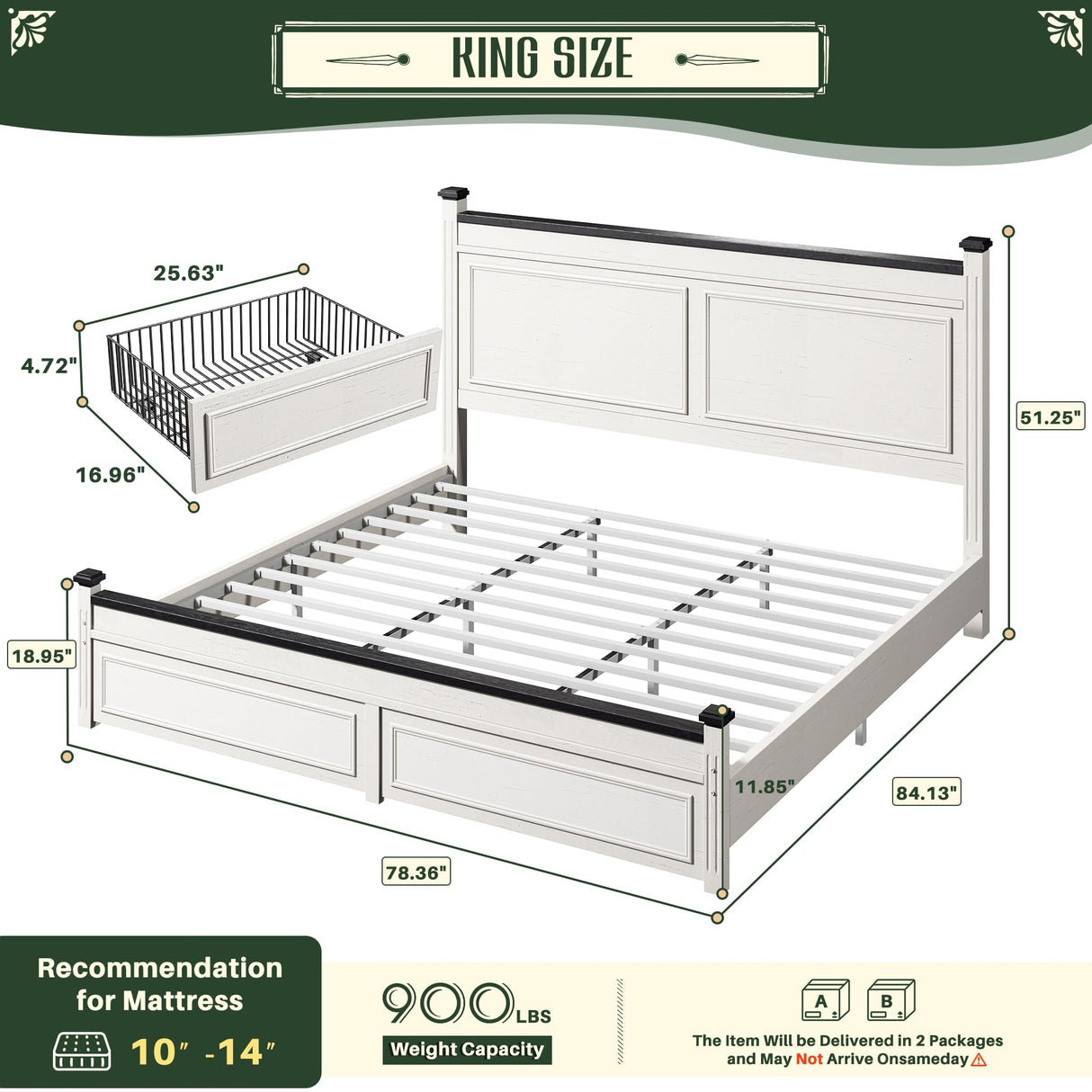 Homkdom King Size Bed Frame with Tall Headboard,Bed Frame King with Storage,2 Drawers,Farmhouse,Wooden,No Noise,No Box Spring Needed,White Homkdom