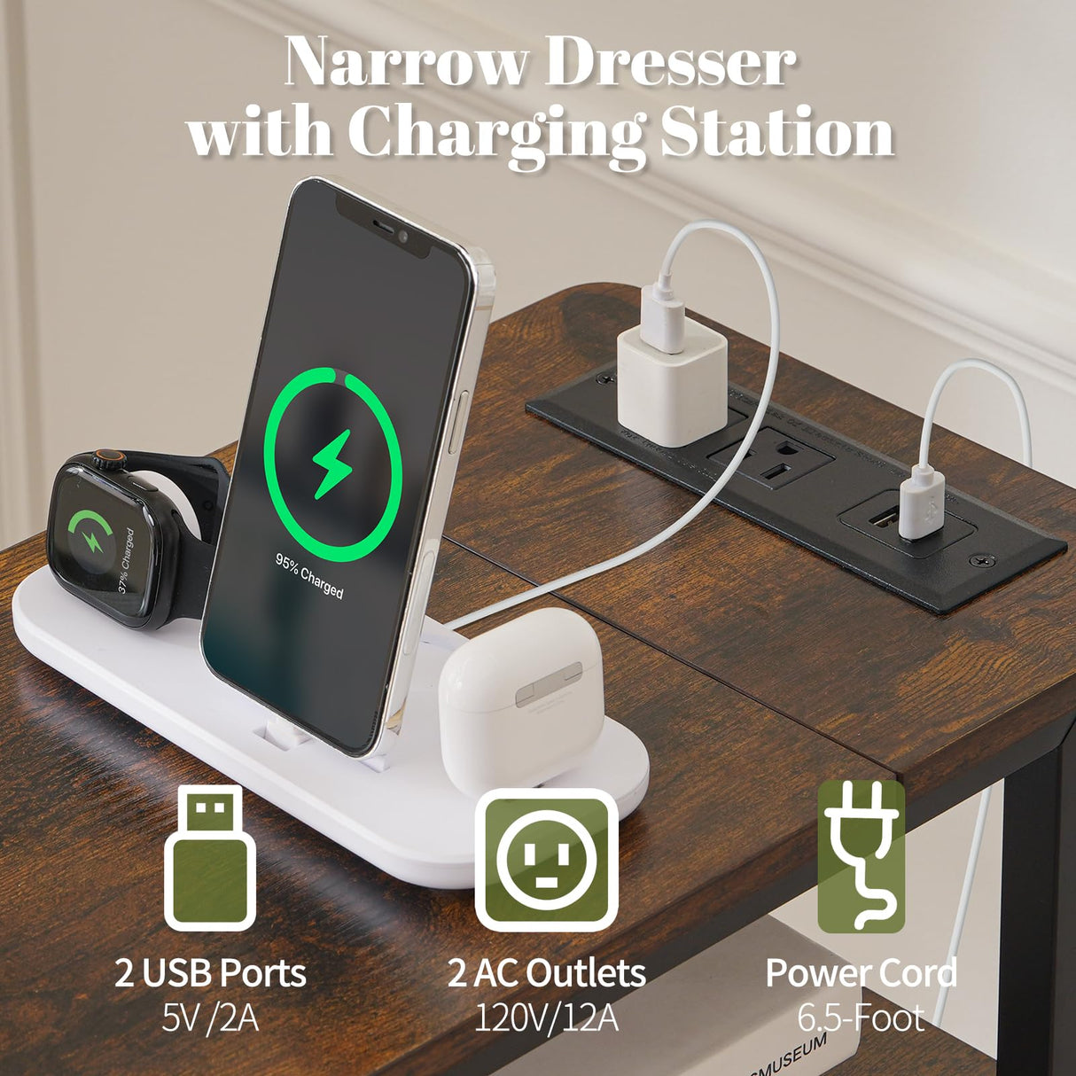 Yoobure Narrow Dresser for Bedroom, LED Slim Dresser with Charging Station, Small Dressers Chest of Drawers, Fabric Dresser Tall Skinny Cabinet Night Stand for Dorm, Small Spaces, Closet, Bathroom Yoobure