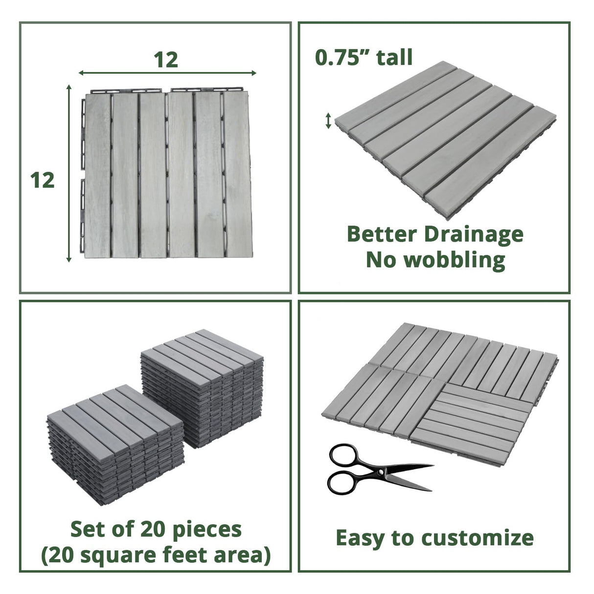 BEEFURNI Acacia Interlocking Deck Tiles (12"x 12" 20 PCS), Wood Deck Tiles Interlocking Outdoor All Weather, Patio Flooring for Indoor Outdoor use, 1 Year Warranty (Light Gray) BEEFURNI