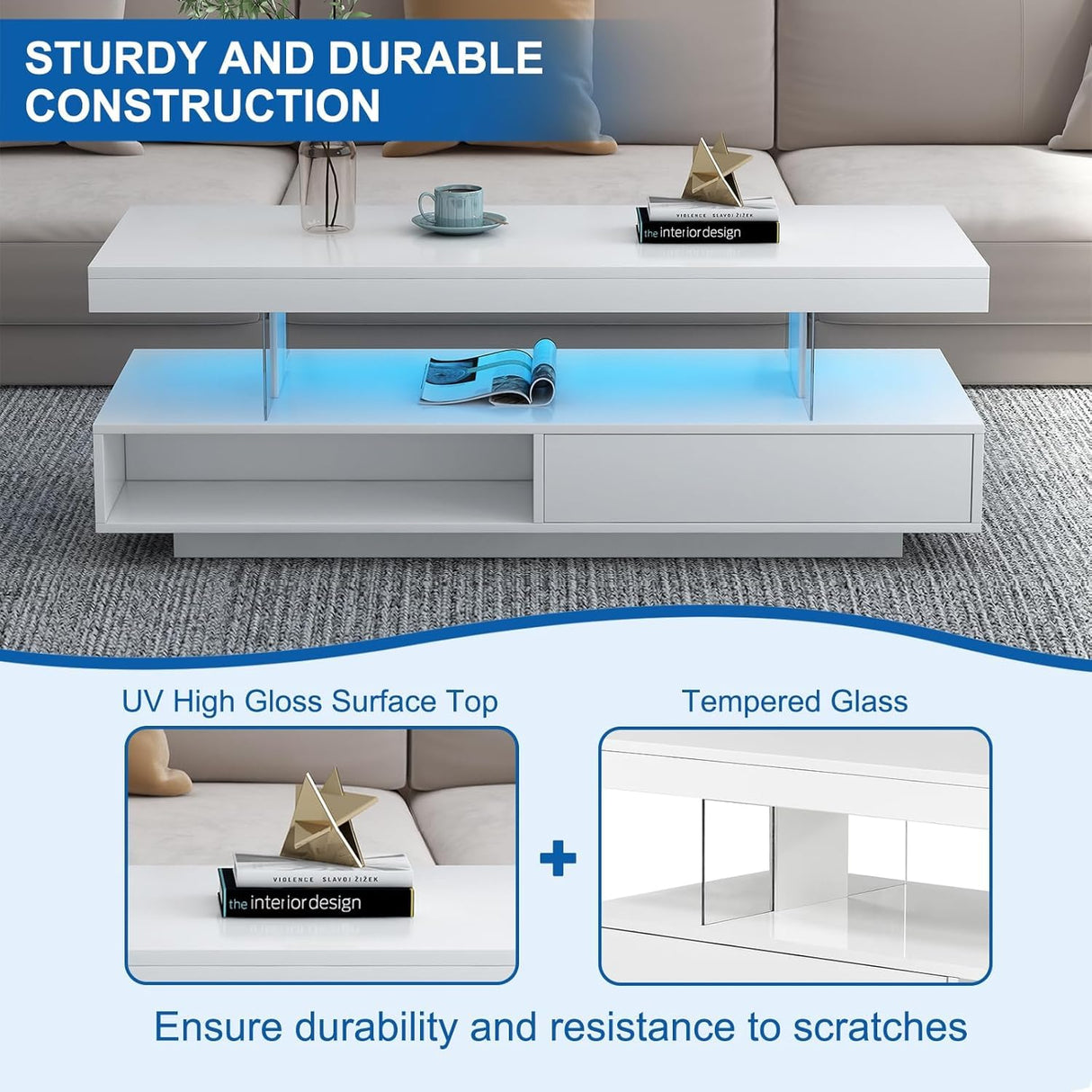 White LED Coffee Table for Living Room, Modern High Glossy Smart Center Table with Storage, 2 Tiers Rectangle Coffee Table with 16 Colors LED Lights & Remote Control for Party Office Home GlowSpark