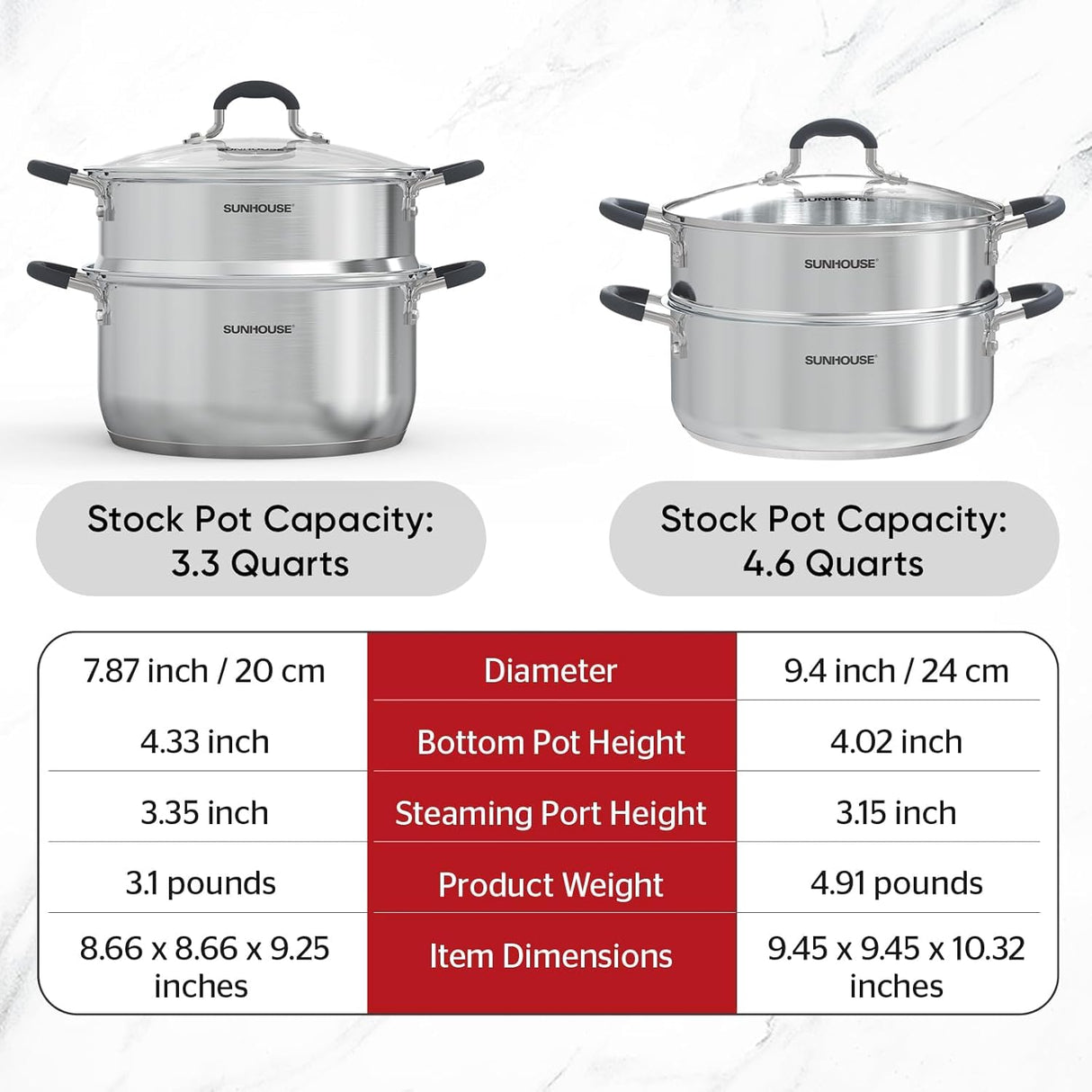 SUNHOUSE - 3.3 Quarts Steamer Pots With Lid 2-Tier Multipurpose Stainless Steel Steaming Pot Cookware For Vegetable, Dumpling, Sauce, Food - Triple Bottom, Measurement Line Sunhouse