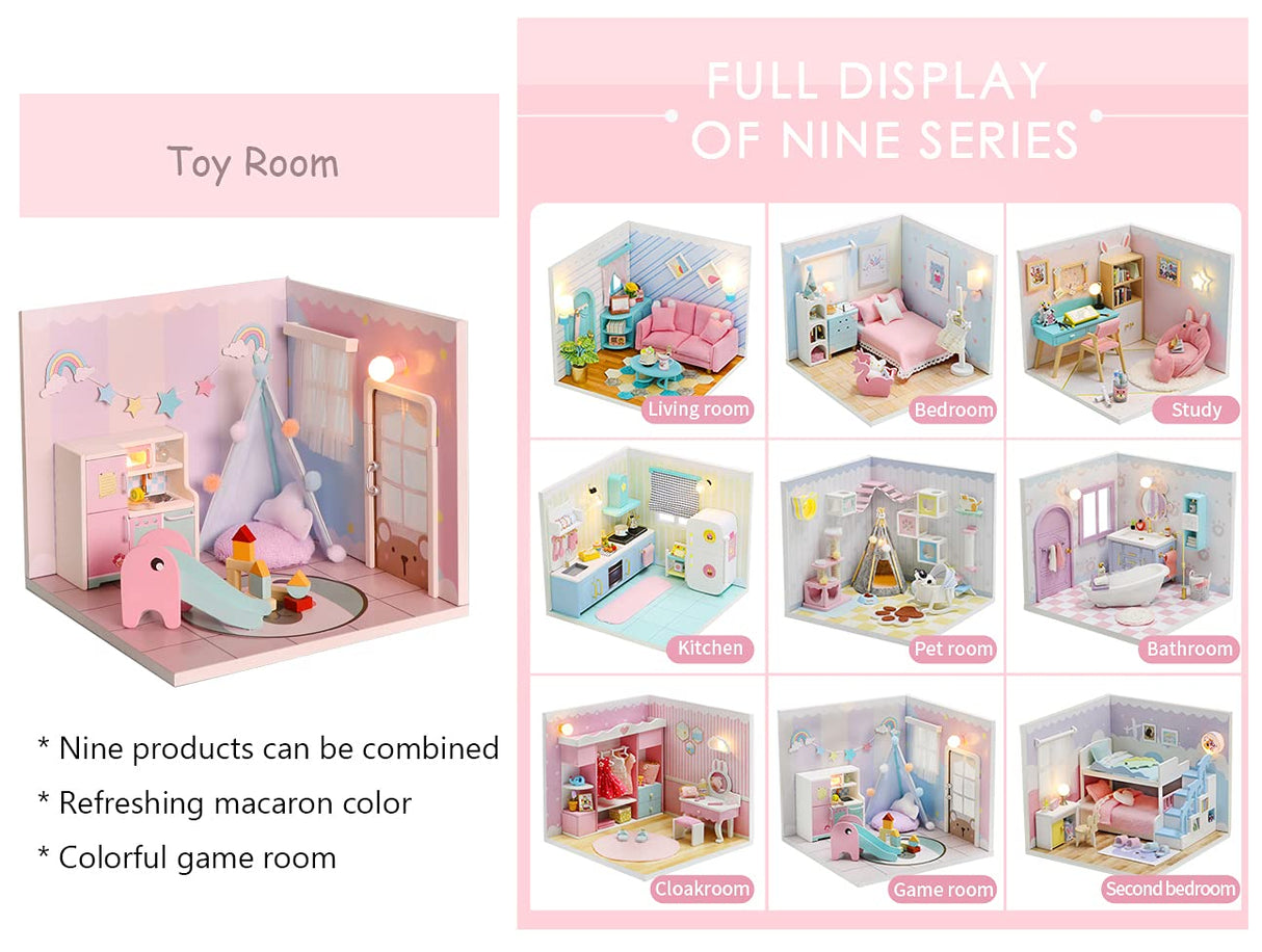 Kisoy Dollhouse Miniature with Furniture Kit, DIY 3D Wooden DIY House Kit A Corner of a Small Apartment Style with Dust Cover & LED,Handmade Tiny House Toys for Kids Adults Gift (Toy Room) Kisoy