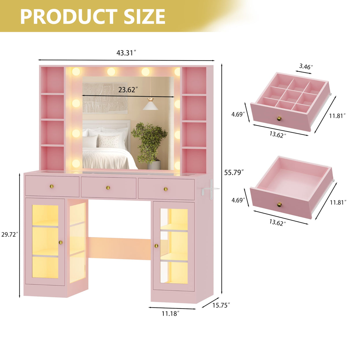 Makeup Vanity Desk with Mirror and Lights, Glass Top Vanity Table Set with Drawers & Power Outlet, Large Dressing Table with 3 Color Lighting Modes & RGB Cabinets for Women Girls Kids Bedroom, Pink Xixini