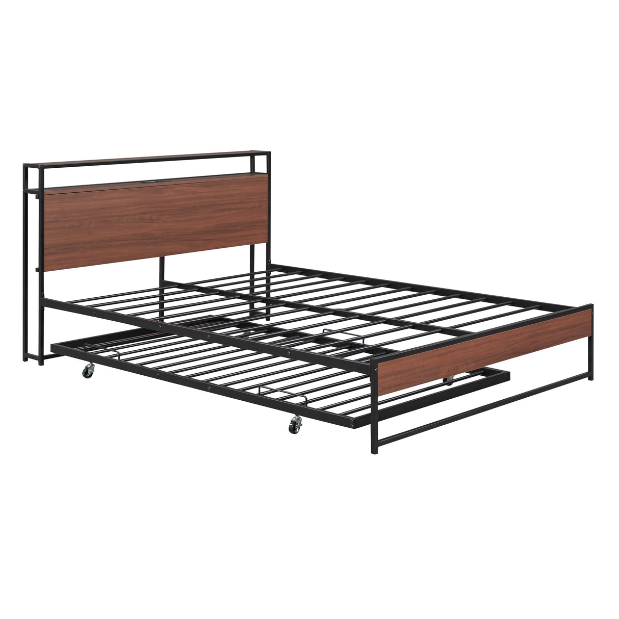 Bellemave Queen Metal Bed Frame with Trundle, USB Ports, Storage Headboard & 13 Slats, Black, No Box Spring Needed Bellemave