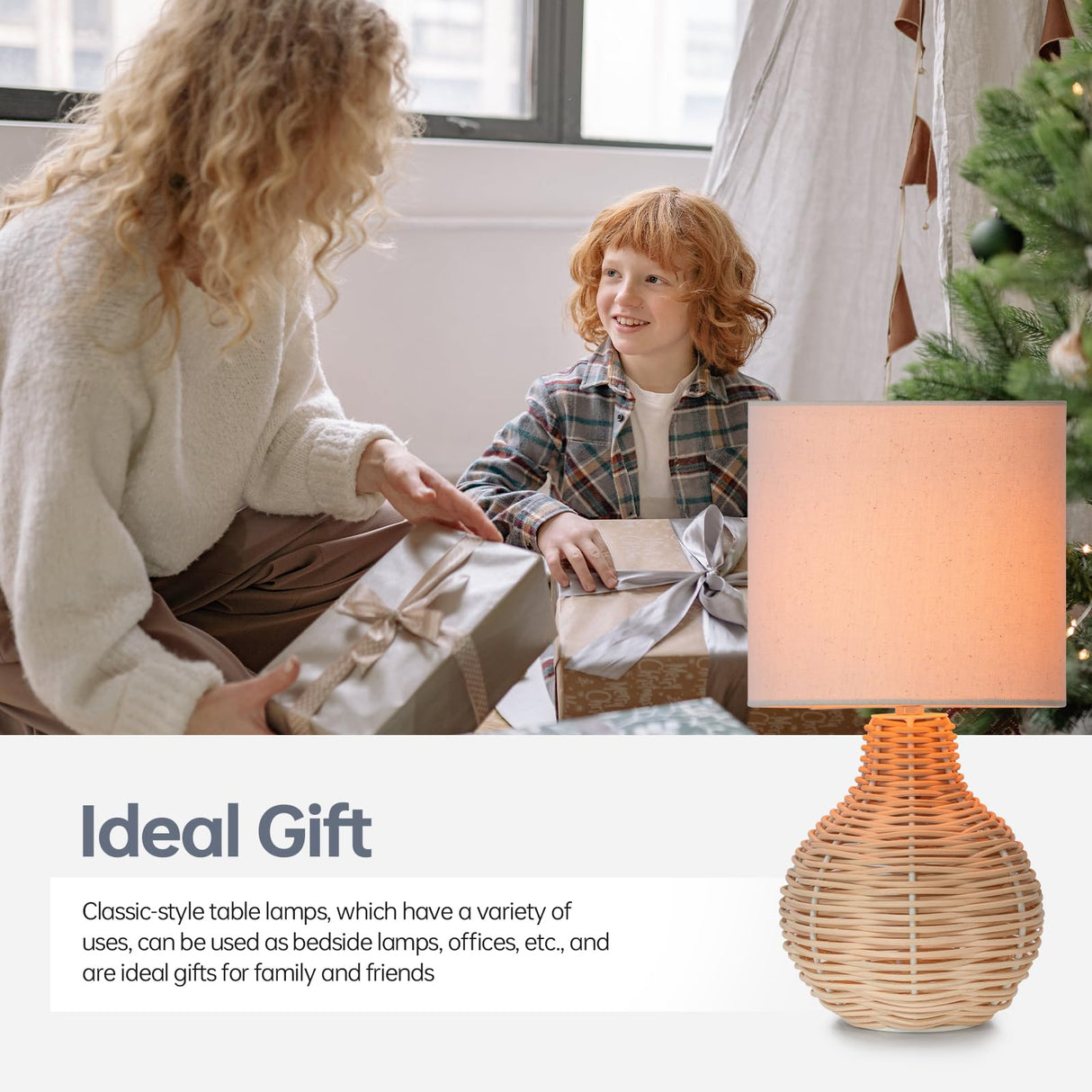 VELXEE Rattan Table Lamp, Vintage Wicker Wooden Nightstand Lamp Set of 2, Boho Bamboo Woven End Table Lamp for Bedroom Living Room Desk Room VELXEE