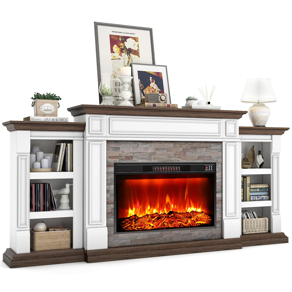 80" Fireplace TV Stand for TVs Up to 90 Inch, Electric Fireplace with Mantel, Farmhouse Entertainment Center with Storage, Realistic Stacked Stone Surround with Remote Control for Living Room HolliWill