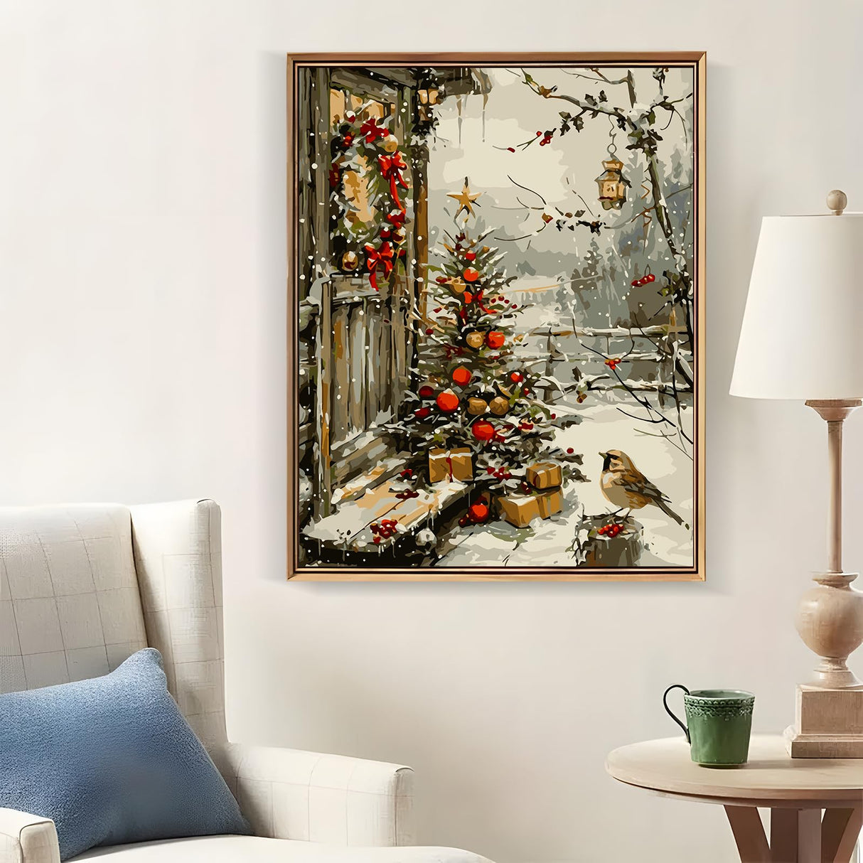 LKHMVCA Christmas Tree House Bird Paint by Numbers for Adults, DIY Winter Paint by Numbers Kits for Adults Beginners Without Frame, Acrylic Paint Canvas Painting Kits Art for Home Decor 16x20 Inch LKHMVCA