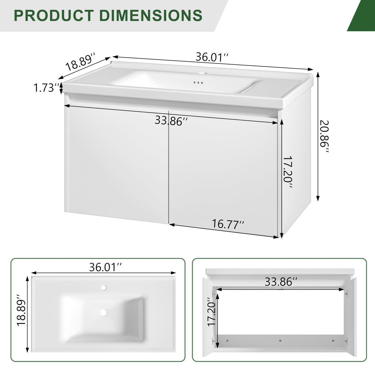 OLD CAPTAIN 36" Bathroom Vanity with Ceramic Sink, Floating Bathroom Vanity with Sink and Cabinet, Wall Mounted Bathroom Sink Cabinet with Storage and Two Doors, White OLD CAPTAIN