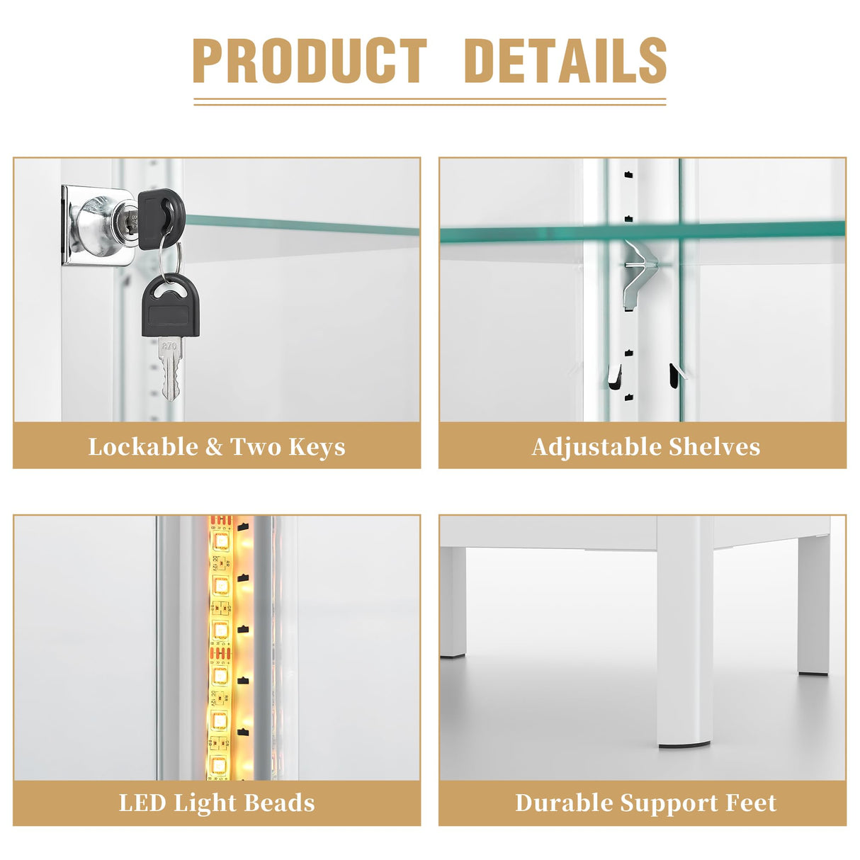 Desirable Life 5-Tier Glass Display Cabinet with 13 Color LED Lights & Lock, 63" Curio Cabinet with Glass Doors & Adjustable Shelves, Lighted Display Case for Collectibles Figures Trophy - White Desirable Life