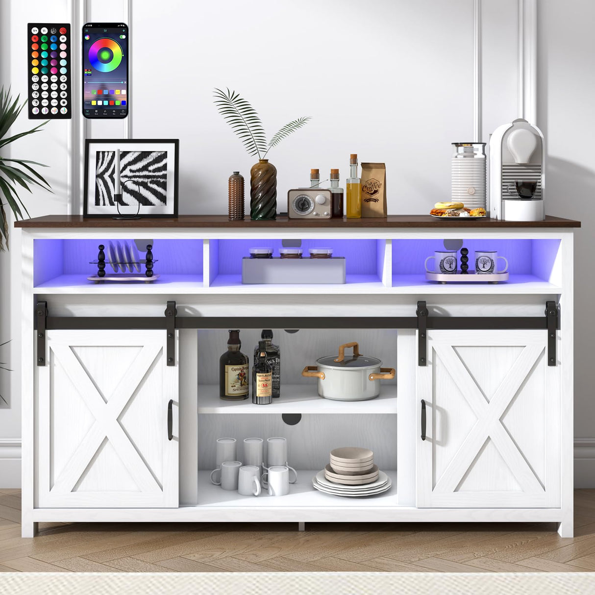 jiteentarou Farmhouse Coffee Bar Cabinet with Power Outlet, Rustic Sideboard Buffet Storage Cabinet with Storage, Wood Buffet Cabinet Serving Table Cupboard for Dining Room, Living Room, White jiteentarou