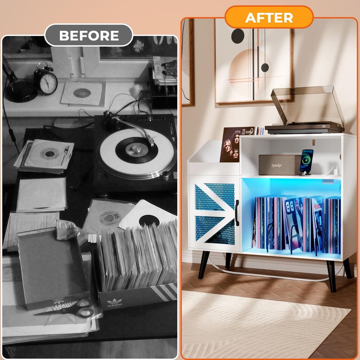 Large White Record Player Stand with Magnetic Door,350 Vinyl Record Storage Cabinet, Record Player Table with Power Outlet & LED Light,Turntable Stand with Wood Legs for Living Room,Bedroom,Office Bonvork