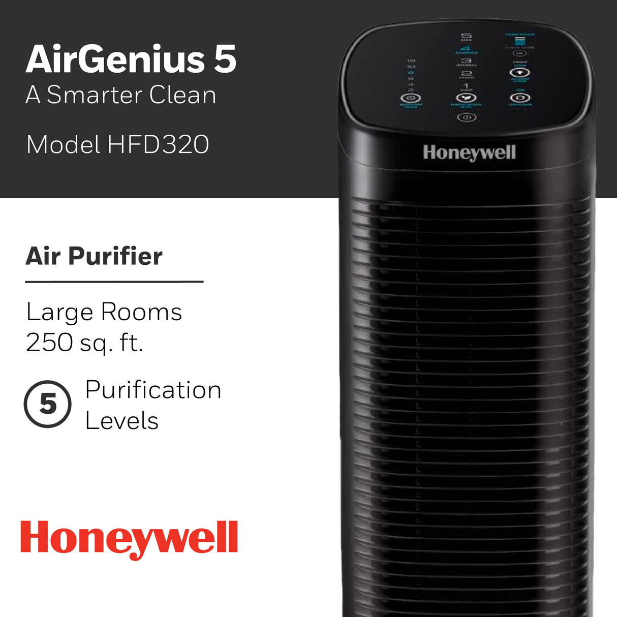 Honeywell Air Genius 5 Air Purifier with Permanent, Washable Filter, for Large Rooms, Reduces Smoke, Wildfire Smoke, Dust, Pollen, Pet Dander and More, Black, HFD320 Honeywell