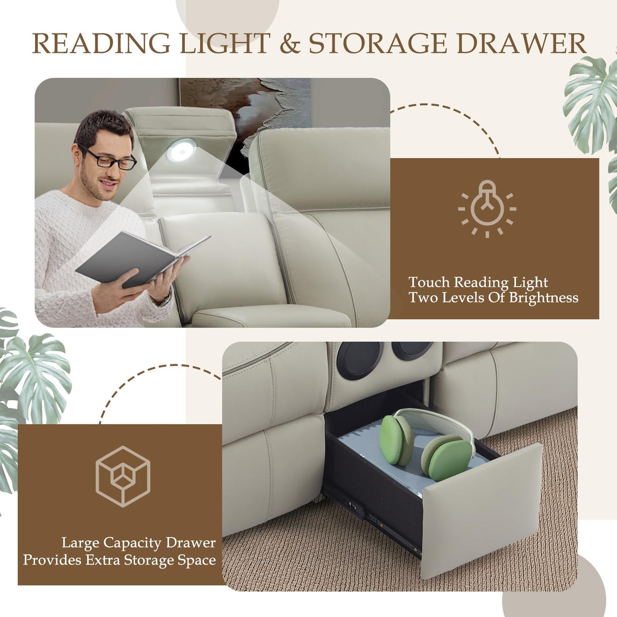 Neptane Power Reclining Loveseat with LED Reading Light/Storage Drawer/Bluetooth Speakers, Power Loveseat Recliner Sofa Wall Hugger Reclining Loveseat with Outlets(Grey, 2 Seat with Console) Neptane