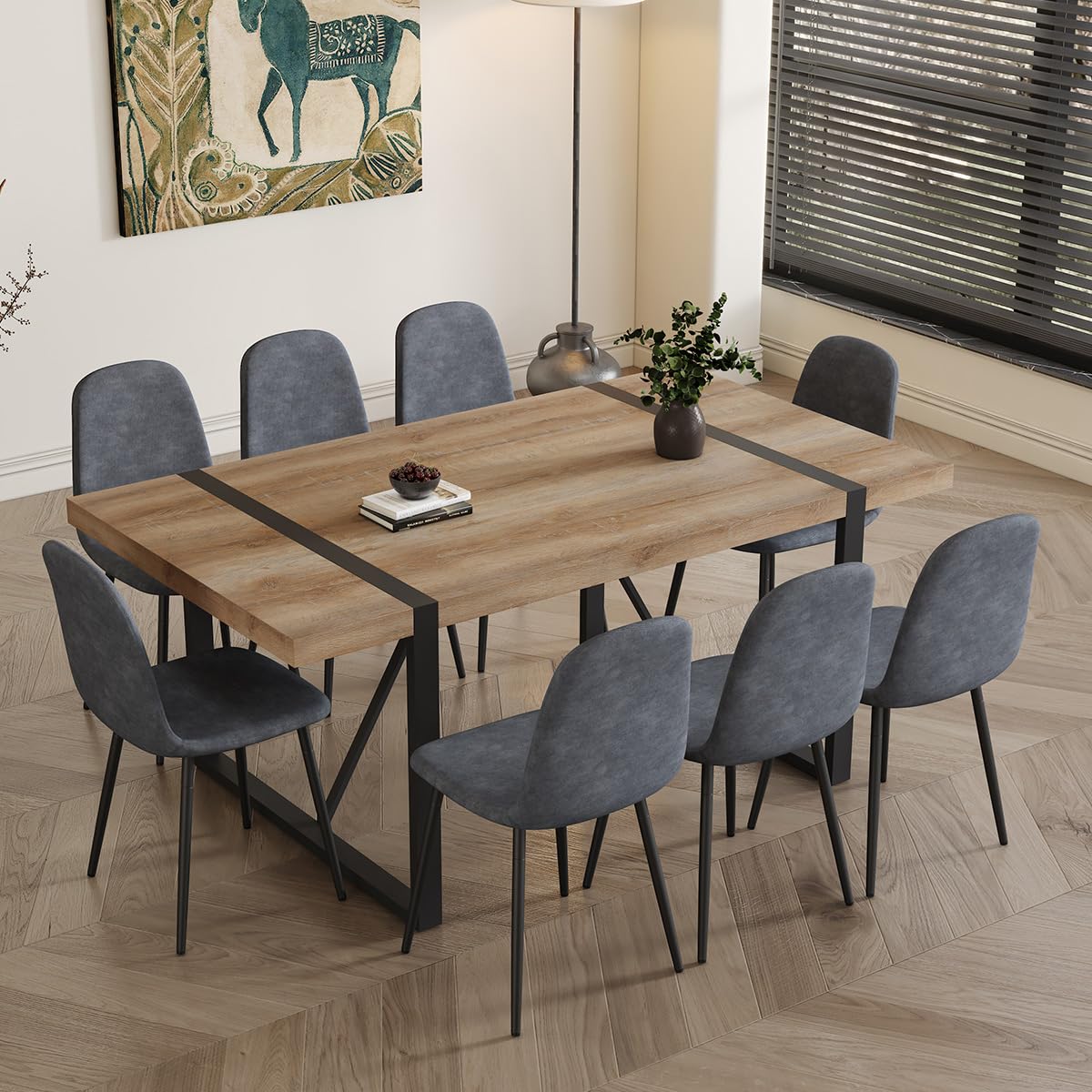 UELKS Dining Table Set for 8,9 Piece Dining Table Set,71'' Kitchen Table and Suede Nap Fabic Chairs Set of 8,for Kitchen Dining Room UELKS