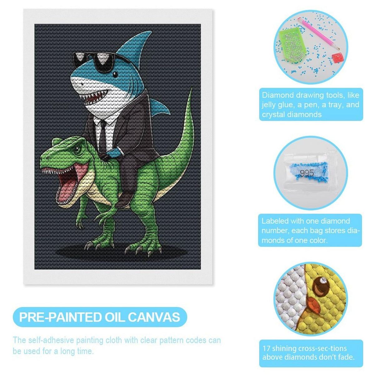 ETTUWNUI Diamond Painting Kits for Adults - Shark Riding Dinosaur Painting DIY 5D Full Drill Diamond Dots Paintings with Diamonds Gem Art and Crafts Home Decor 8"x12" ETTUWNUI