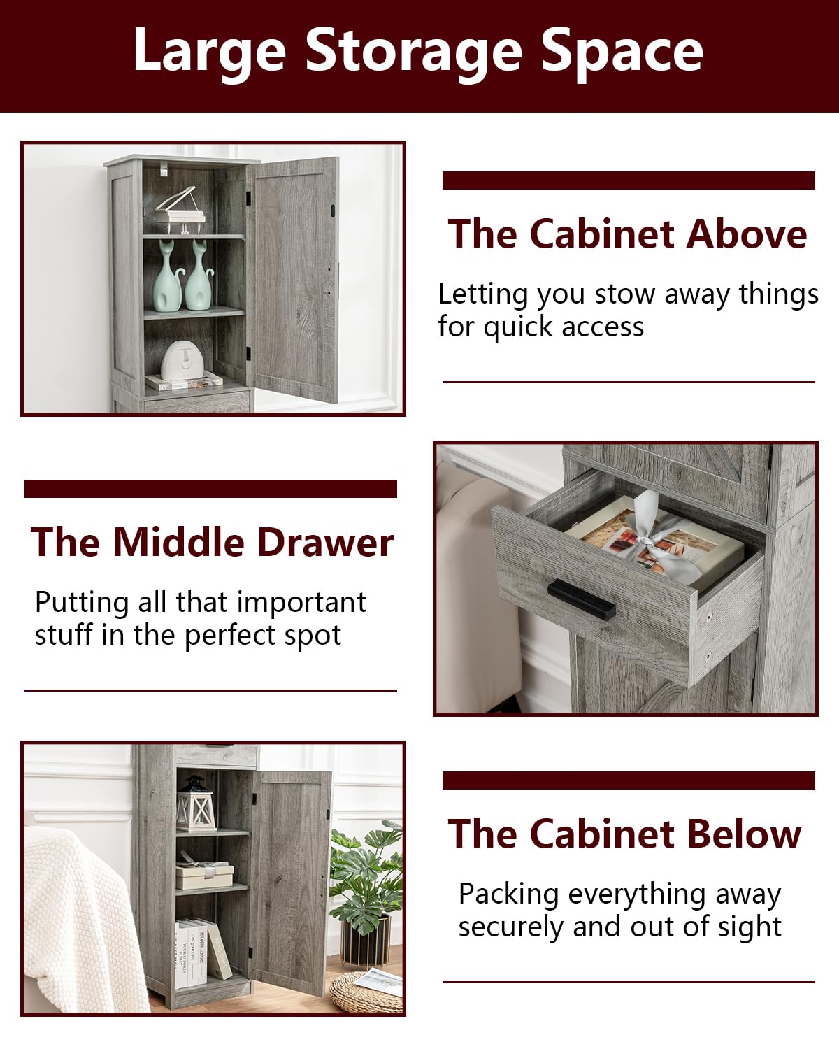 Tall Grey Bathroom Cabinet with 6 Shelves, 2 Doors & Drawer for Narrow Spaces WEENFON