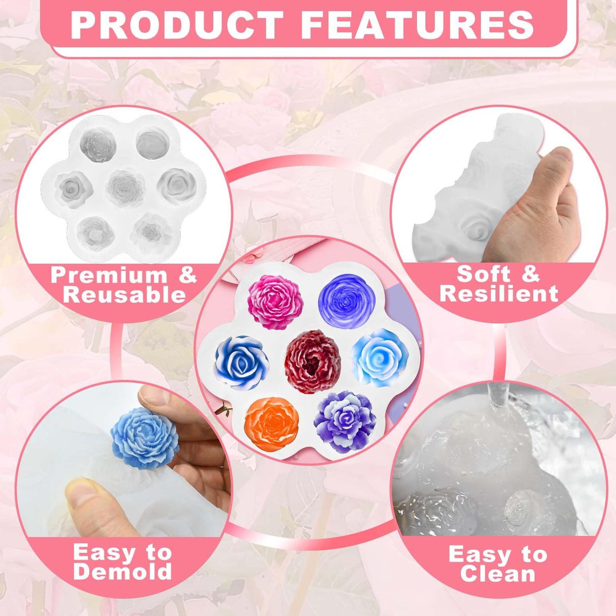 7 Cavity Flower Silicone Molds, Flower Candle Molds for Candle Making, Rose Peony Fondant Molds for Jelly Chocolate Mousse Cake Decorating Scented Candles Soaps Making, Wax, Resin Casting Crafts ZQYSING