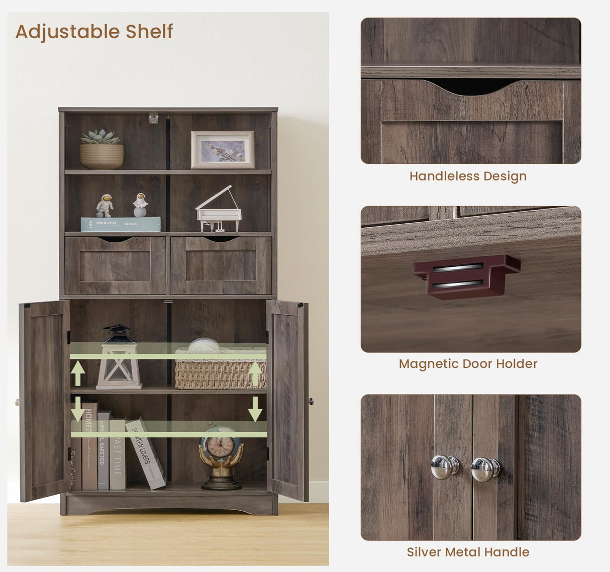 Iwell Tall Storage Cabinet with 2 Drawers & Adjustable Shelves, Bathroom Cabinet with Doors, Cupboard, Floor Cabinet for Living Room, Bedroom, Entryway, Rustic Gray Iwell