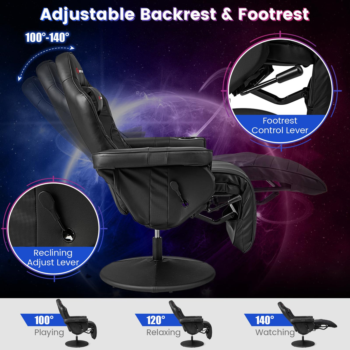 POWERSTONE Gaming Recliner, Adjustable Massage Gaming Chair with Cup Holder Footrest Ergonomic Single Sofa Living Room Home Theater Seating with Side Pouch (Black) POWERSTONE