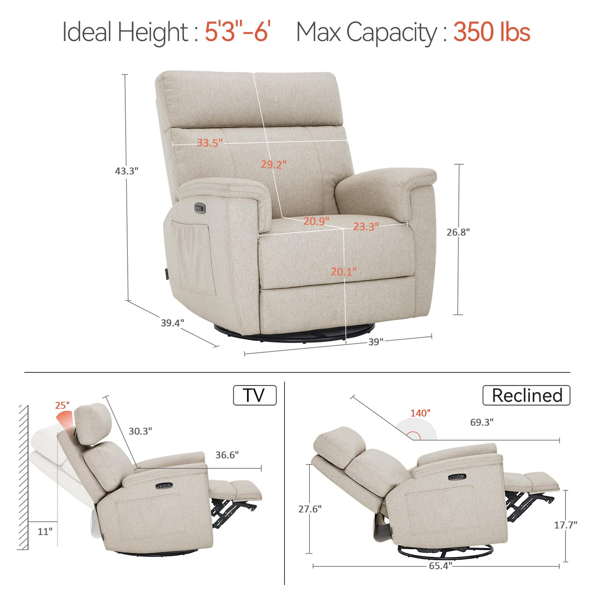 MCombo Oversized Swivel Glider Rocker Recliner with Adjustable Headrest, Dual Motor Power Recliner for Nursery, Led Nightlight, Fabric PR601 (Beige) MCombo