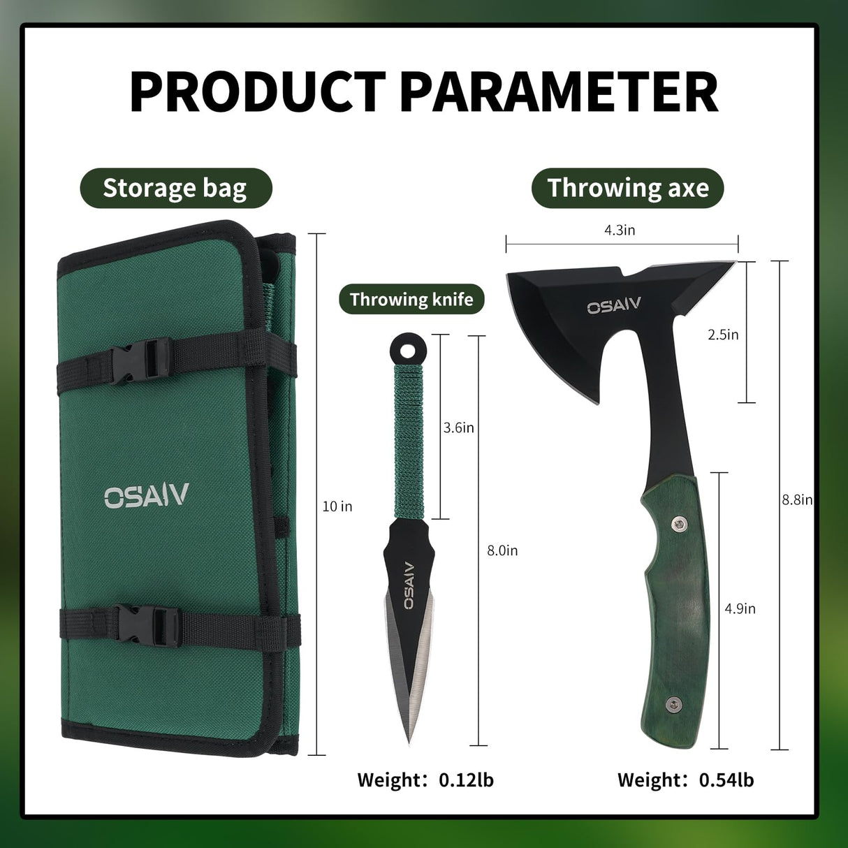 OSAIV Throwing Axes Set, Full Tang Stainless Steel Well Balanced Hatchet with Wooden Handle, 8.8in Double Bit Axe for Backyard Recreation and Competition, 3 Pack with Storage Bag and Whetstone osaiv