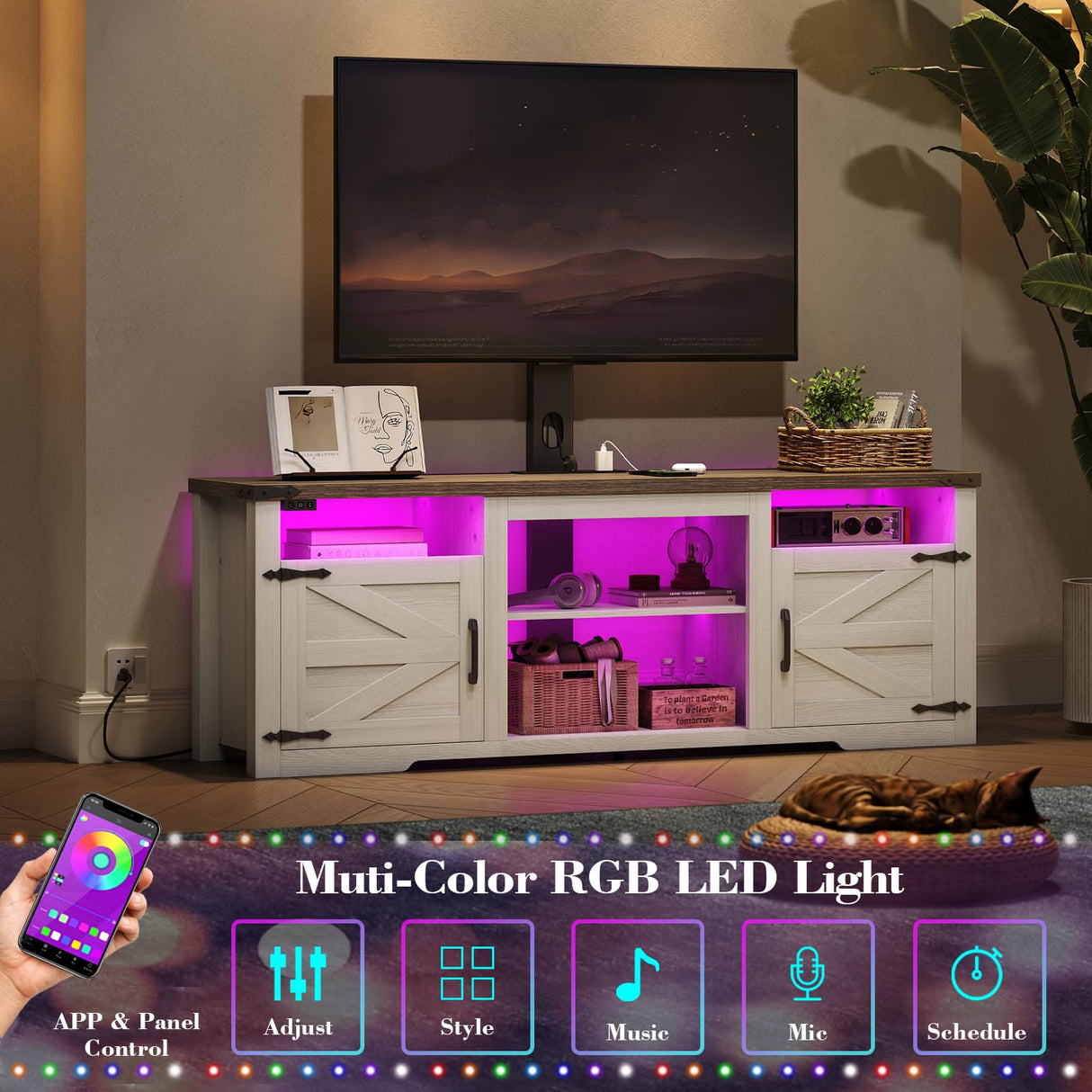 ROCHECASA TV Stand with Mount, Farmhouse TV Stand for 32-75 inch TVs with Charging Station LED Lights, Entertainment Center with Storage for Bedroom, Living Room ROCHECASA