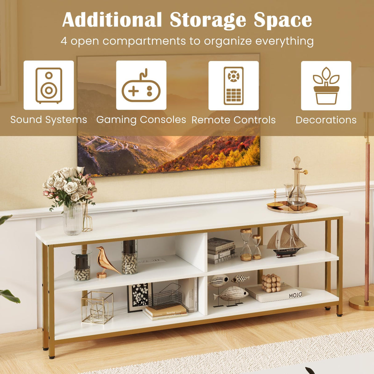 Tangkula Corner TV Stand for TVs up to 65”, TV Console Table w/AC Outlets, USB A Ports, USB C Port, Metal Frame & Storage Shelves, 55” Media Entertainment Center for Living Room (White, 55" L) Tangkula