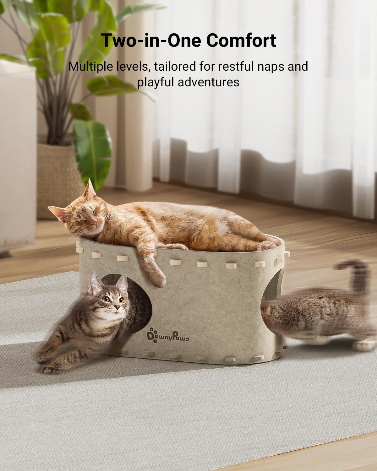 DownyPaws Cat House for Indoor Cats, Cat Bed Cave for Multiple & Large Cats Up to 22 Lbs, Scratch Resistant Peekaboo Cat Caves, Foldable Cat Tunnel Enclosed Bed, PeekaPurr, Cream DownyPaws