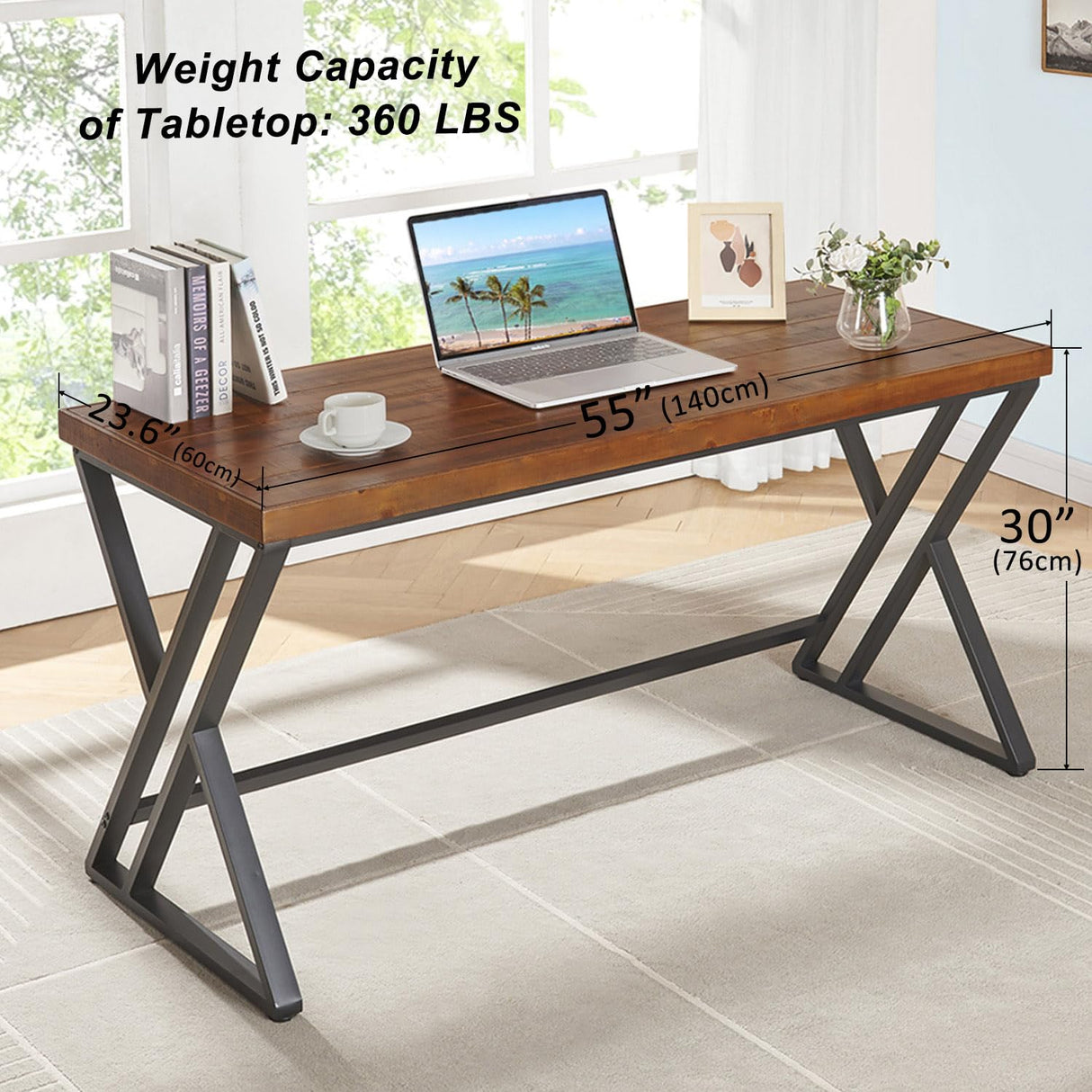 FurniChoi Real Wood Computer Desk, Modern Natural Wood Home Office Desk, Rustic Solid Wood Work Study Writing Desk, Farmhouse Workstation PC Gaming Executive Table for Bedroom, Brown, 47 inch FurniChoi